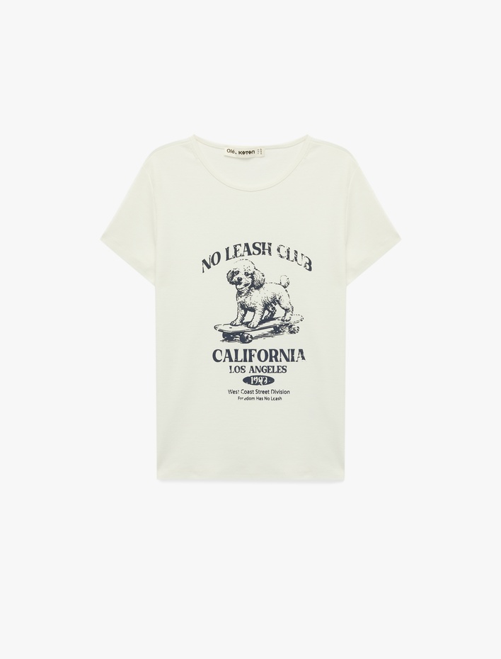  Pamuklu Slim Fit Bisiklet Yaka Kısa Kollu Köpek Baskılı Tişört