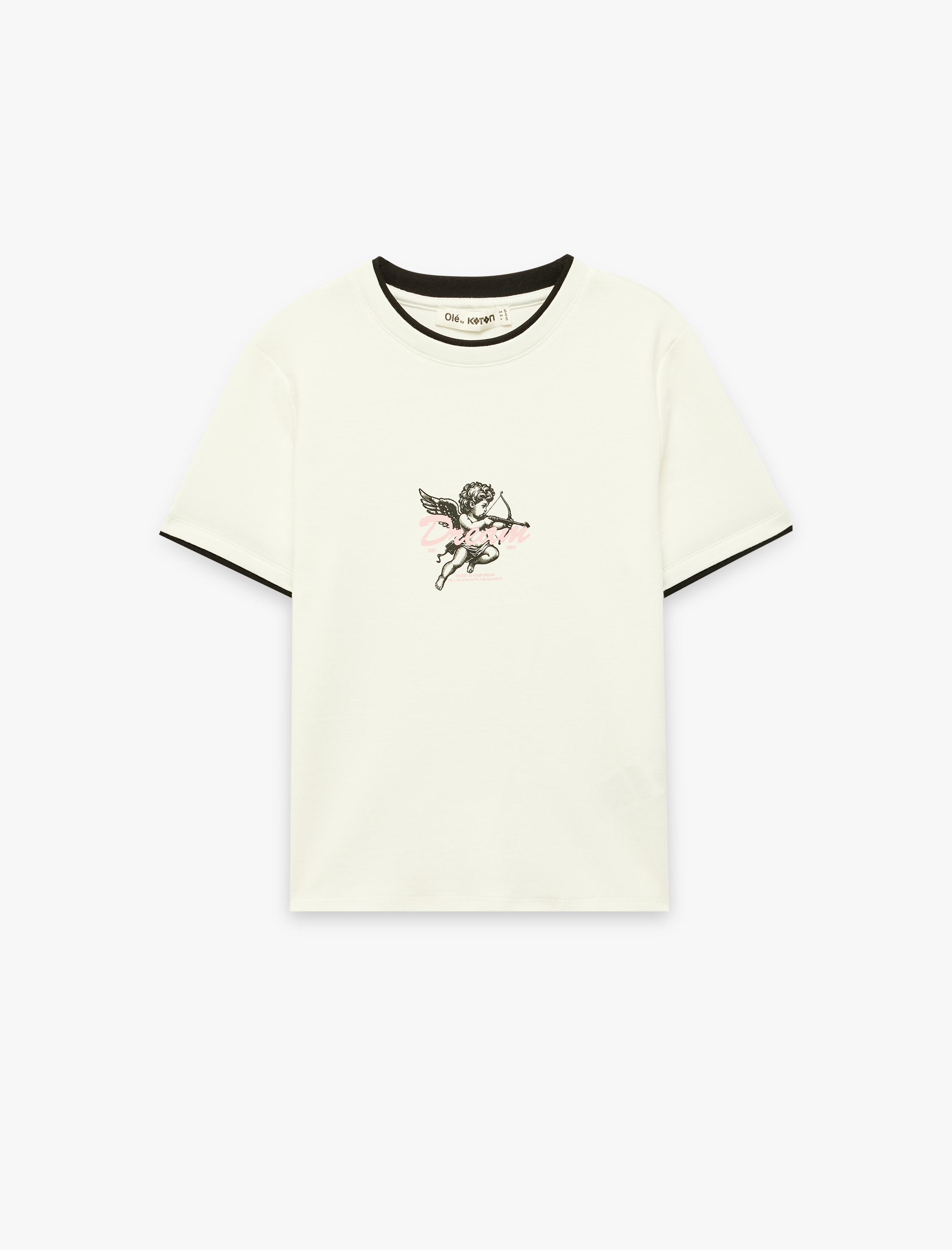   Slim Fit Biyeli Kısa Kollu Bisiklet Yaka Melek Baskılı Tişört