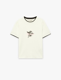 Slim Fit Biyeli Kısa Kollu Bisiklet Yaka Melek Baskılı Tişört