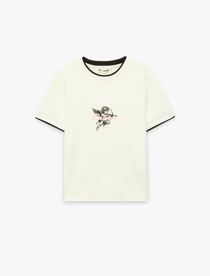  Slim Fit Biyeli Kısa Kollu Bisiklet Yaka Melek Baskılı Tişört