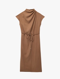 Viskon Kupro Kumaş Kap Kol Bağlama Detaylı Dik Yaka Drapeli Midi Elbise