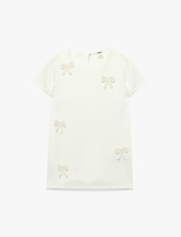 Kısa Kollu Bisiklet Yaka Viskon Karışımlı Fiyonklu Elbise