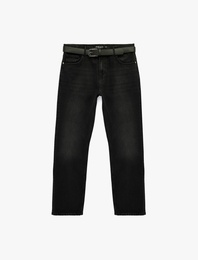Normal Bel Cepli Pamuklu Kemerli Vintage Straight Fit Jean Pantolon