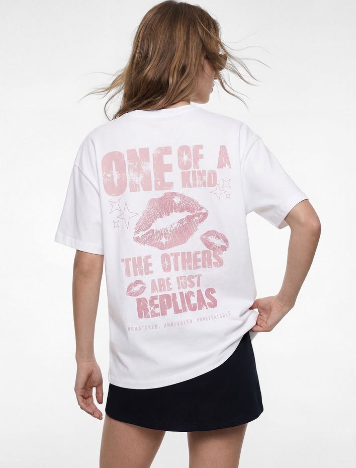  Kısa Kollu Bisiklet Yaka Pamuklu Arkası Baskılı Oversize Tişört