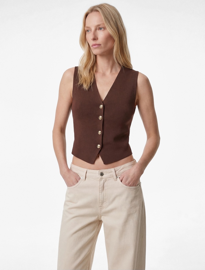  Gold Düğme Detaylı V Yaka Triko Yelek