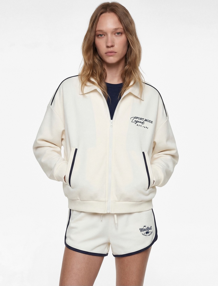  Şardonlu Nakışlı Biyeli Cepli Oversize Fermuarlı Sweatshirt