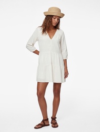 Pamuklu Rahat Kalıp Uzun Kollu V Yaka Kısa Plaj Elbisesi