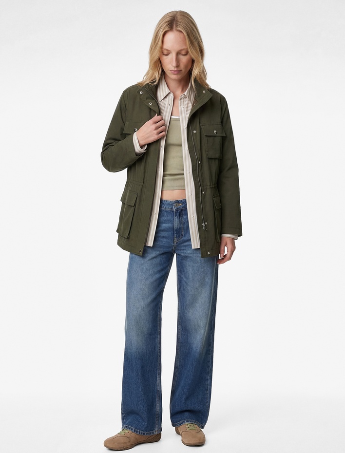  Uzun Kollu Cepli Fermuarlı Dik Yaka Gabardin Mevsimlik Ceket