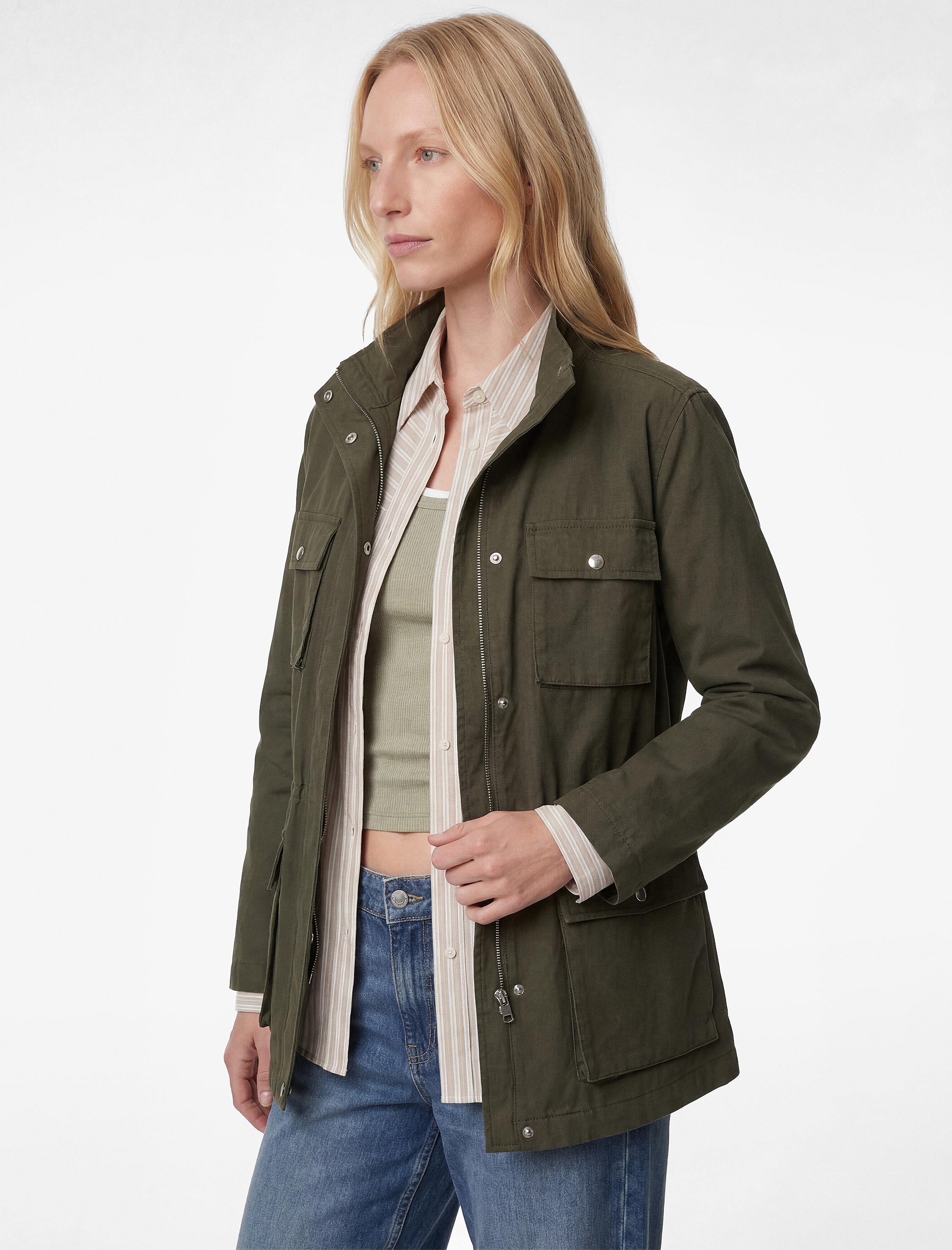   Uzun Kollu Cepli Fermuarlı Dik Yaka Gabardin Mevsimlik Ceket