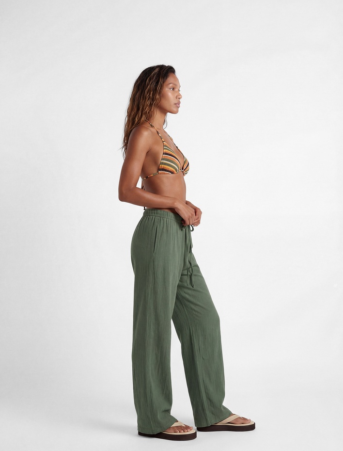  Pamuklu Beli Bağlamalı Geniş Paça Müslin Pantolon