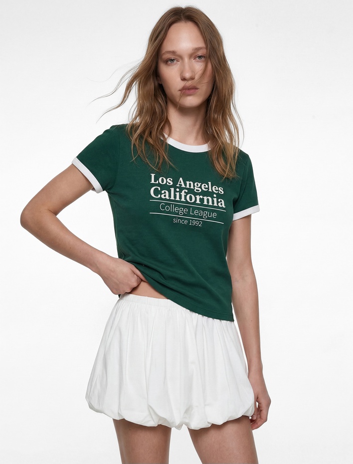  Slim Fit Kısa Kollu Bisiklet Yaka Baskılı Tişört