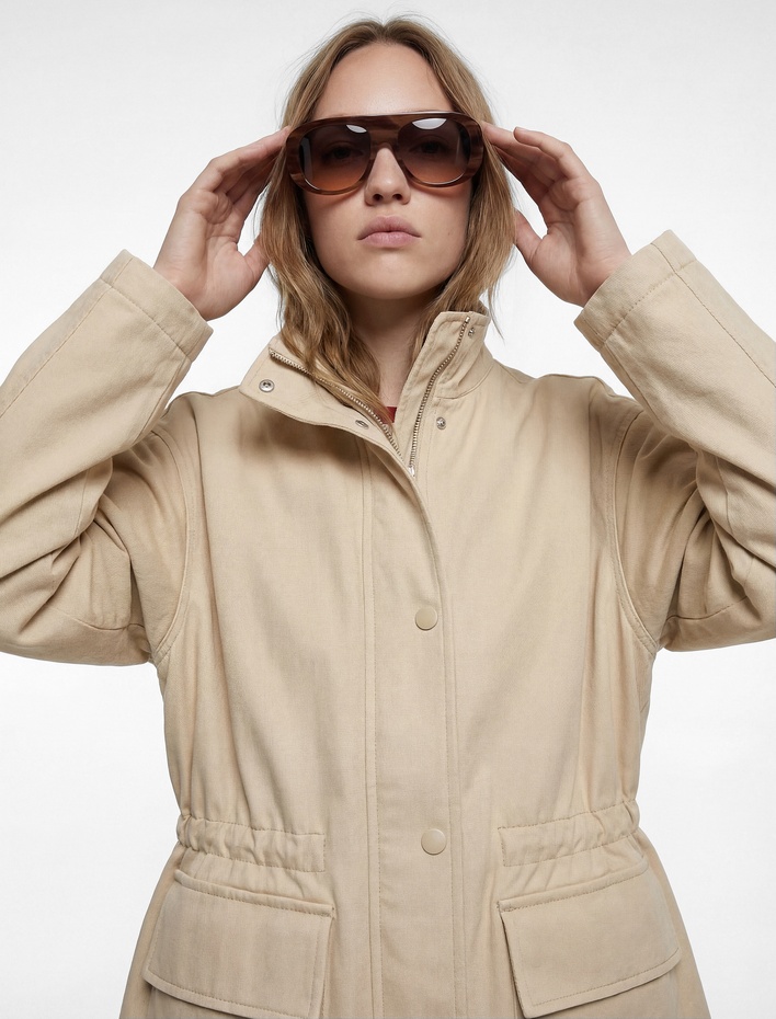  Pamuklu Dik Yaka Uzun Kollu Fermuarlı Trençkot