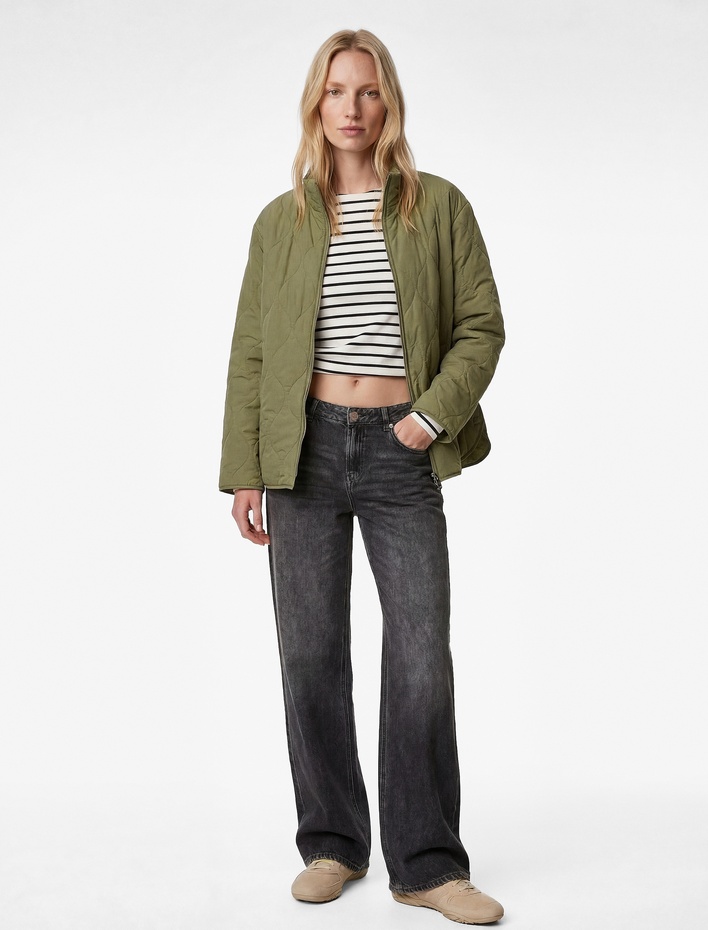  Uzun Kollu Fermuarlı Cepli Dik Yaka Kapitone Mevsimlik Ceket