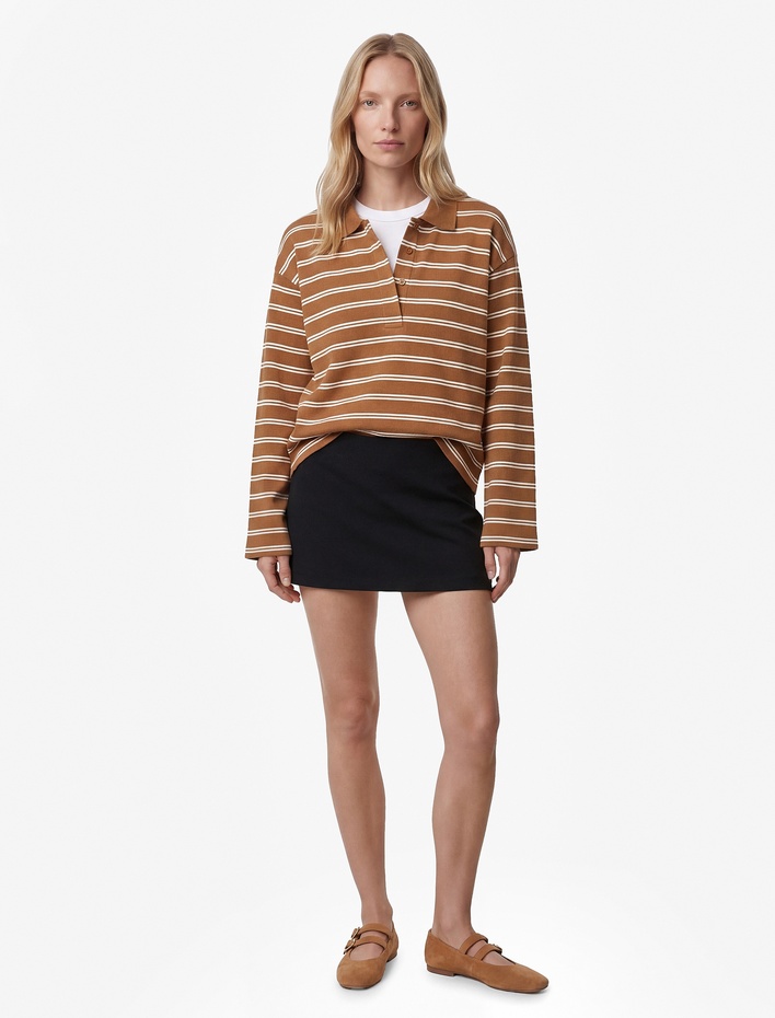  Pamuklu Uzun Kollu Düğmeli Polo Yaka Çizgili Oversize Sweatshirt