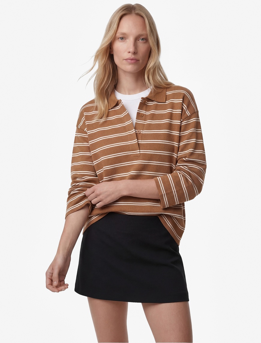 Koton Kadın Pamuklu Uzun Kollu Düğmeli Polo Yaka Çizgili Oversize Sweatshirt