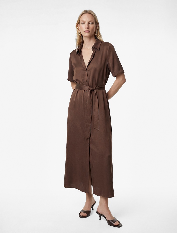  Modal Kumaş Düğmeli Kısa Kollu Kemerli Midi Gömlek Elbise