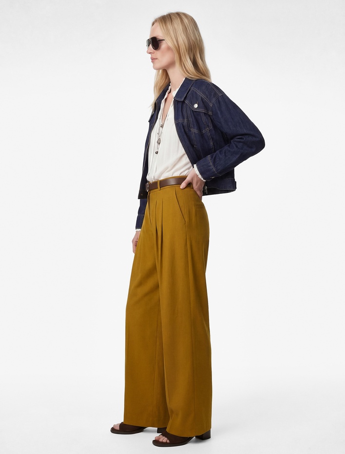  Kemer Detaylı Pileli Geniş Paça Palazzo Pantolon