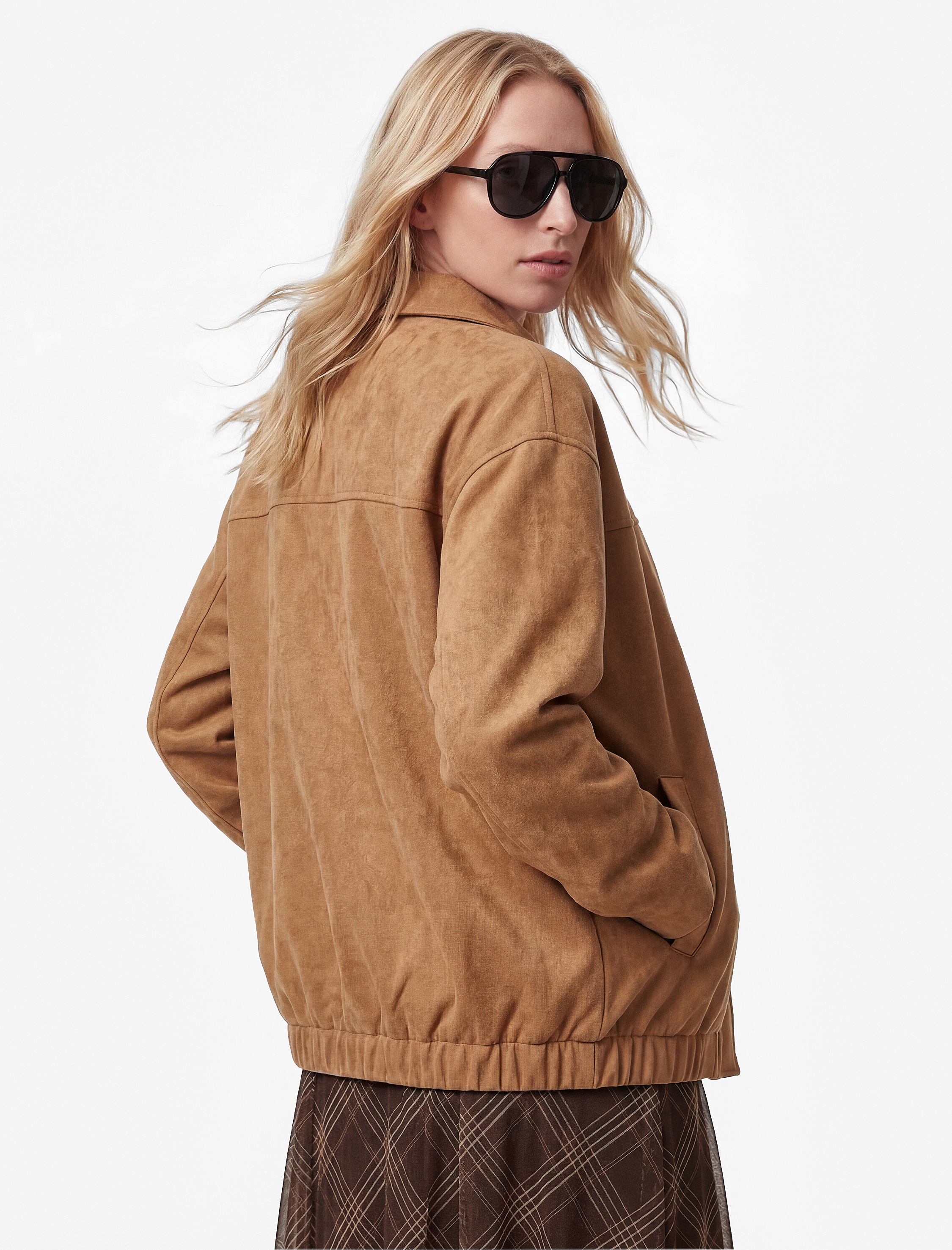   Uzun Kollu Cepli Fermuarlı Suni Süet Ceket