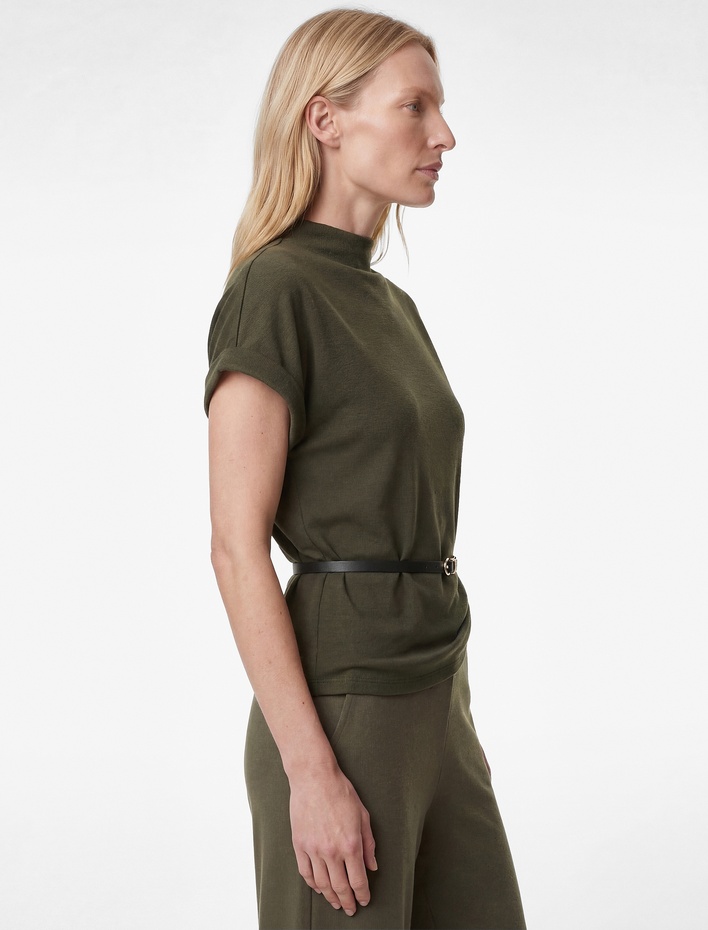  Kısa Kollu Kemerli Dik Yaka Uzun Bluz