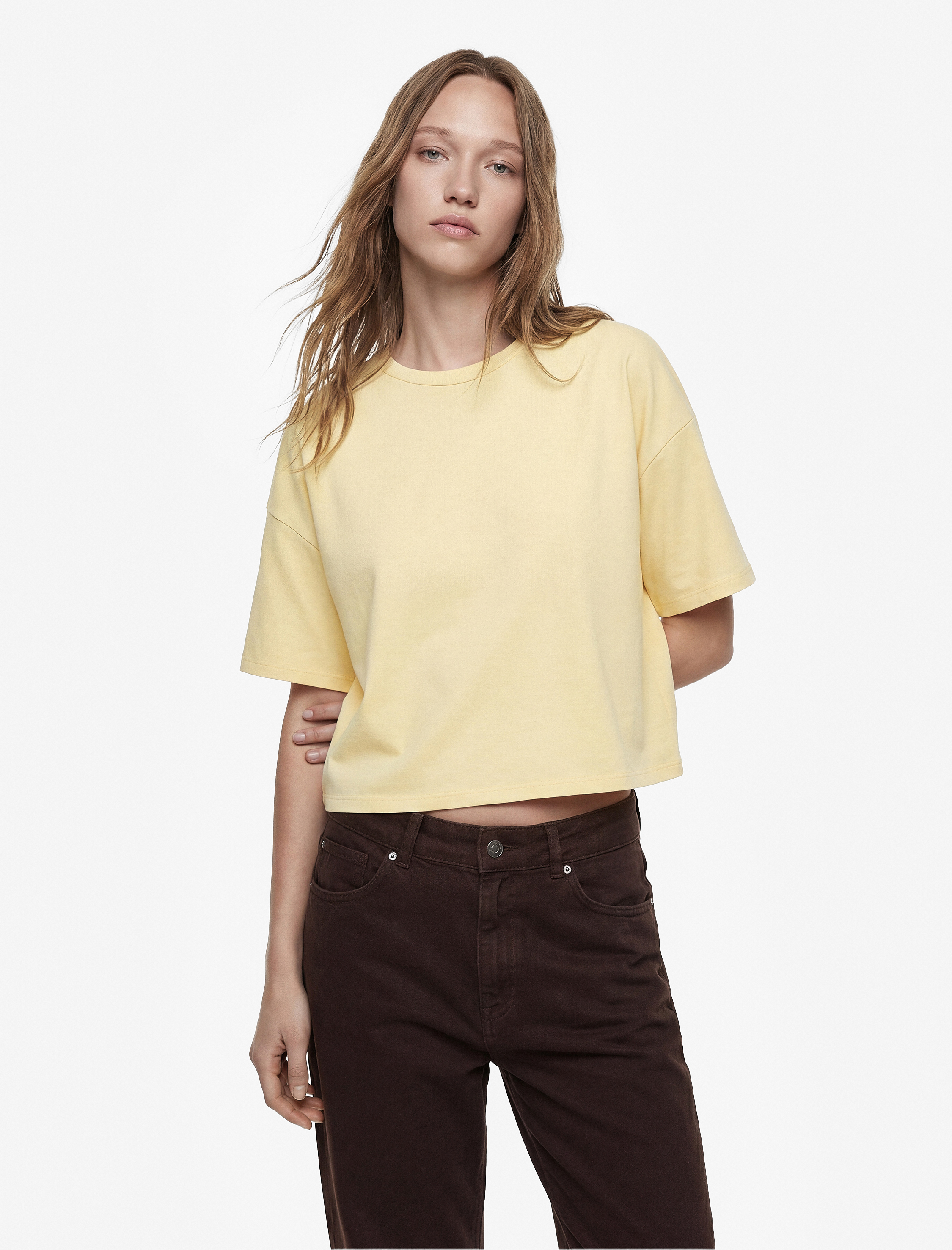   Rahat Kalıp Bisiklet Yaka Viskon Karışımlı Kısa Kollu Tişört