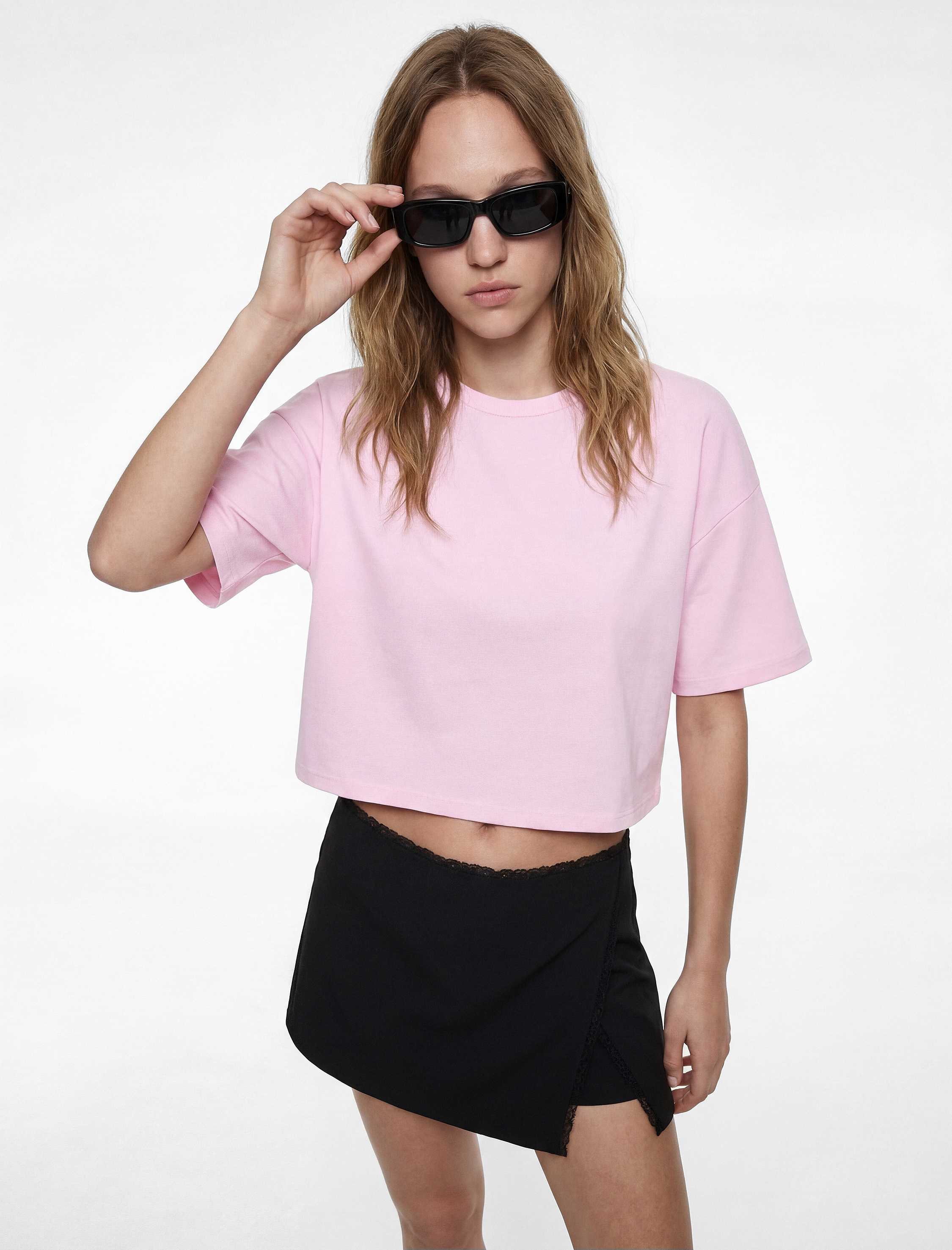   Rahat Kalıp Bisiklet Yaka Viskon Karışımlı Kısa Kollu Tişört