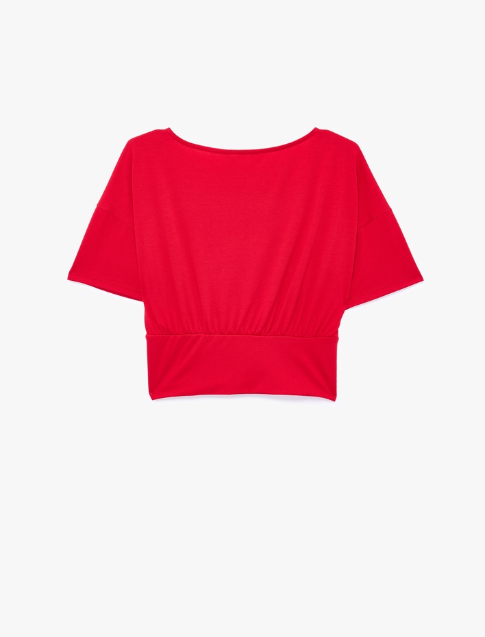  Kısa Kollu Viskon Karışımlı Kayık Yaka Crop Tişört