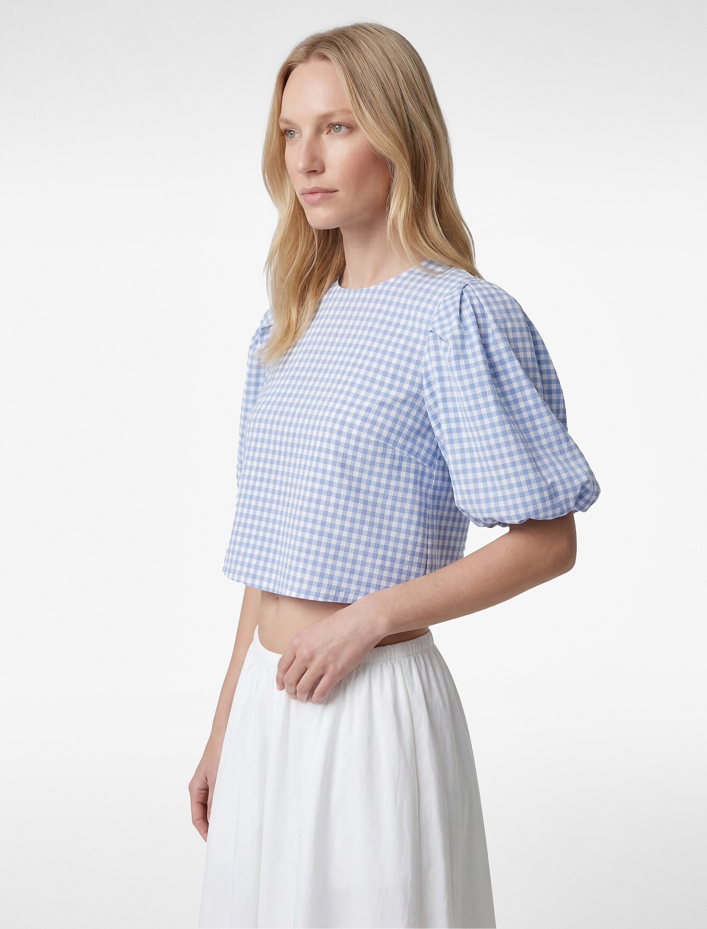   Bol Kalıp Bisiklet Yaka Kısa Balon Kollu Pötikareli Bluz