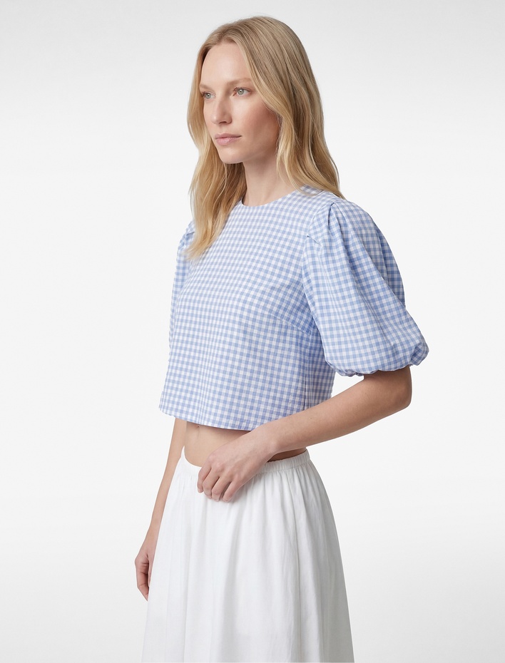  Bol Kalıp Bisiklet Yaka Kısa Balon Kollu Pötikareli Bluz