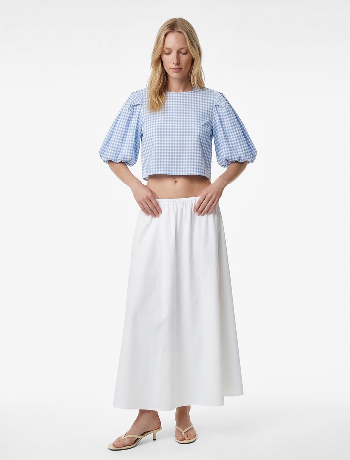  Bol Kalıp Bisiklet Yaka Kısa Balon Kollu Pötikareli Bluz