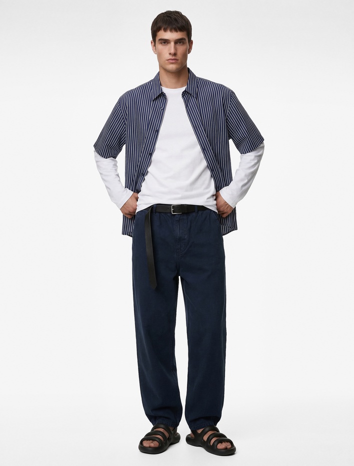  Regular Fit Normal Bel Pamuklu Bol Beli Bağcıklı Baggy Jean Pantolon