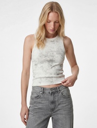 Simli Soyut Baskılı Bisiklet Yaka Slim Fit Kolsuz Bluz