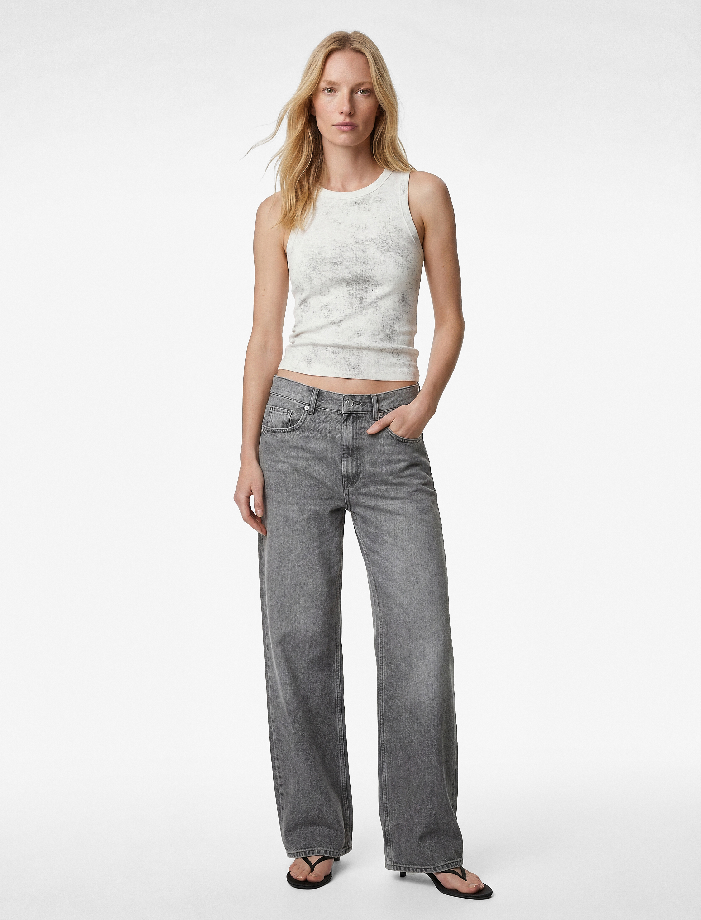   Simli Soyut Baskılı Bisiklet Yaka Slim Fit Kolsuz Bluz