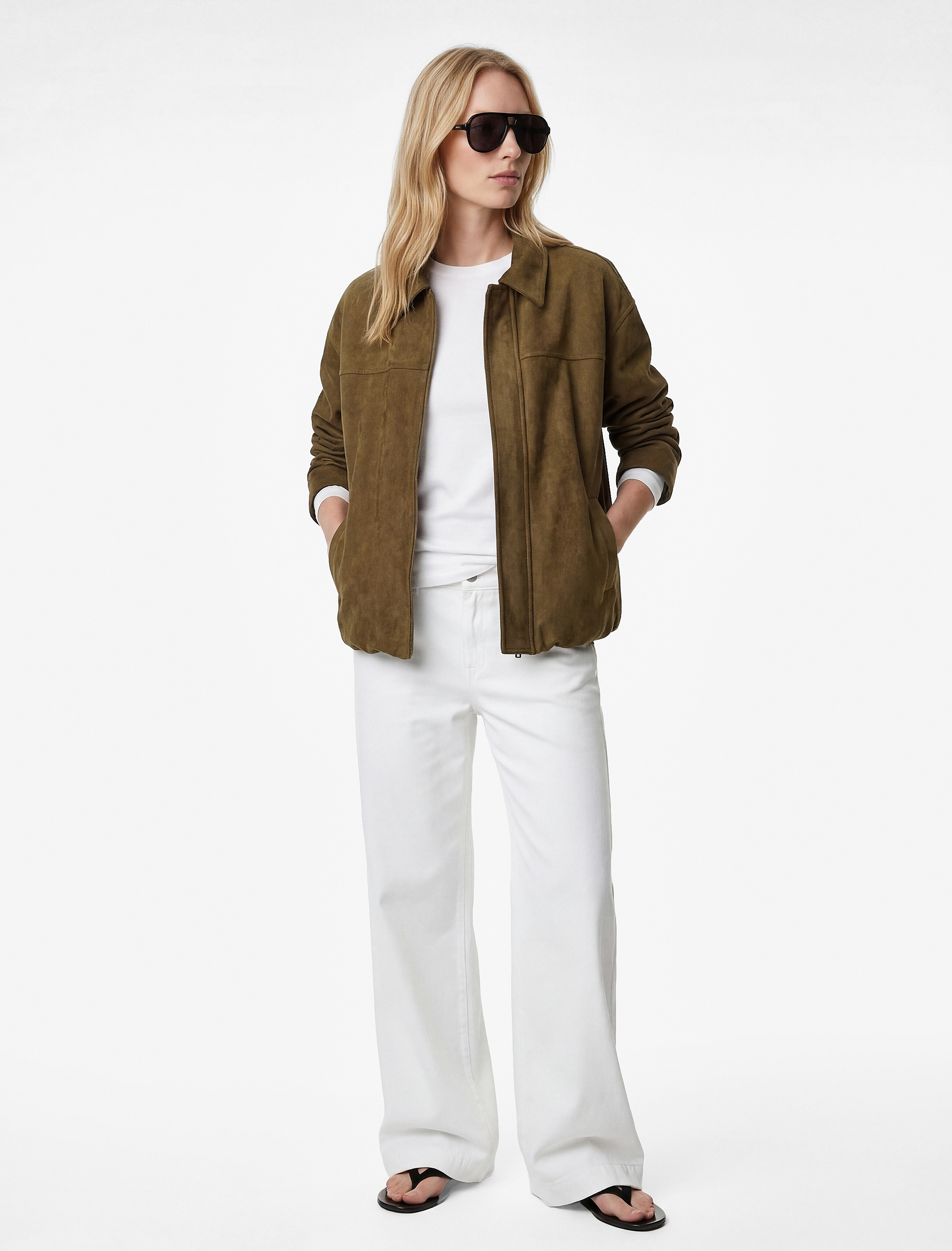   Uzun Kollu Cepli Fermuarlı Suni Süet Ceket