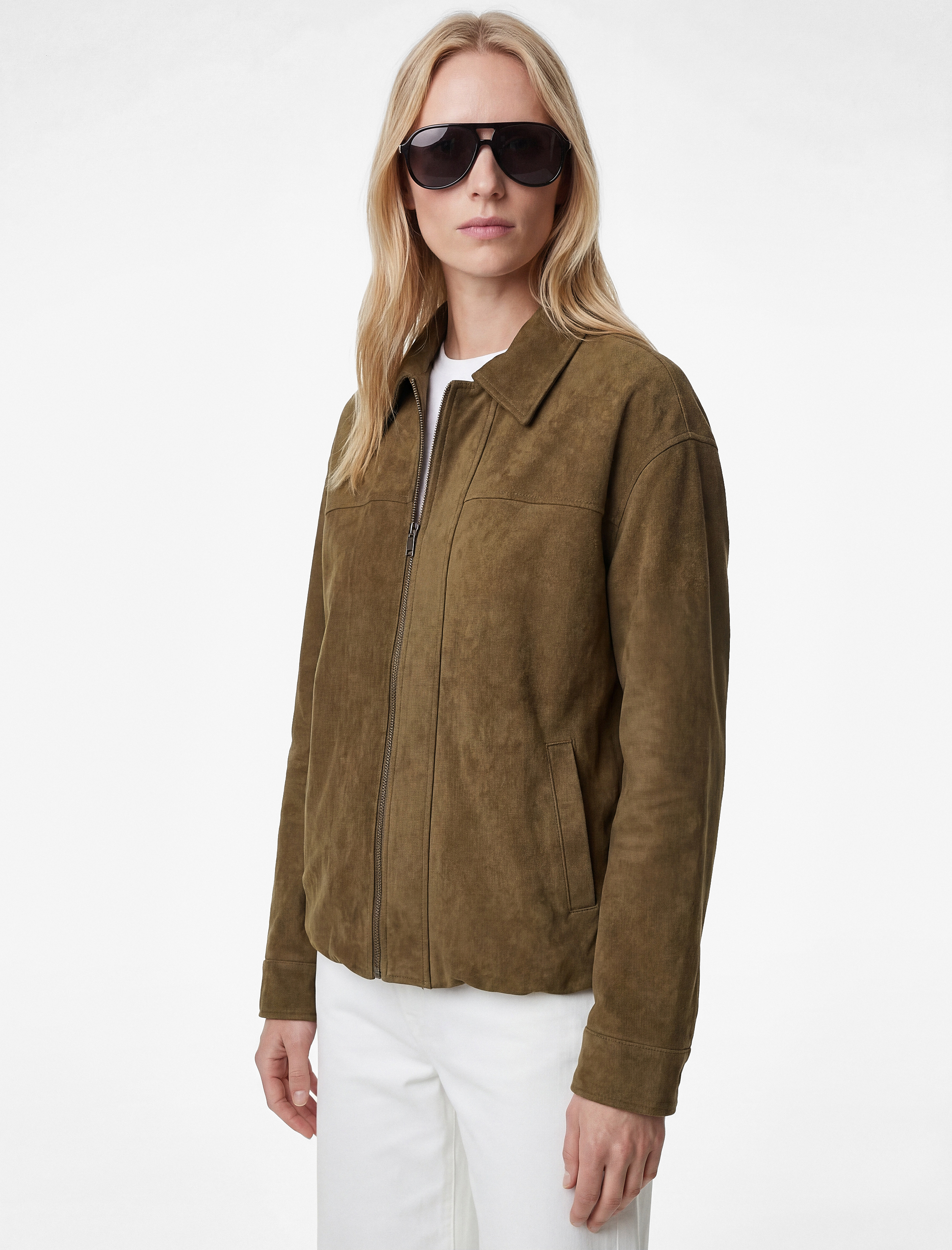   Uzun Kollu Cepli Fermuarlı Suni Süet Ceket