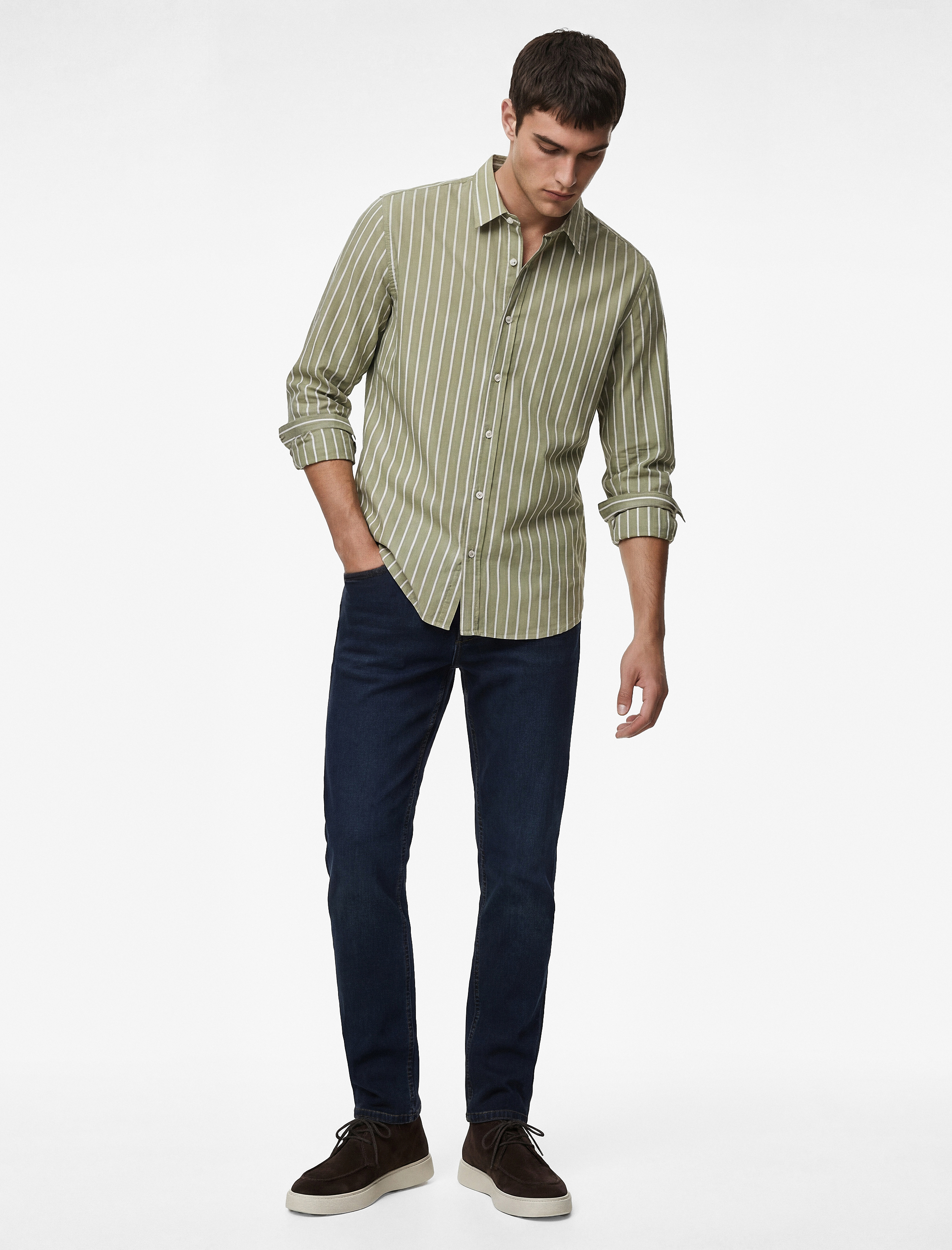 Düğmeli Regular Fit Pamuklu Poplin Klasik Yaka Uzun Kollu Çizgili Gömlek - Görsel 2