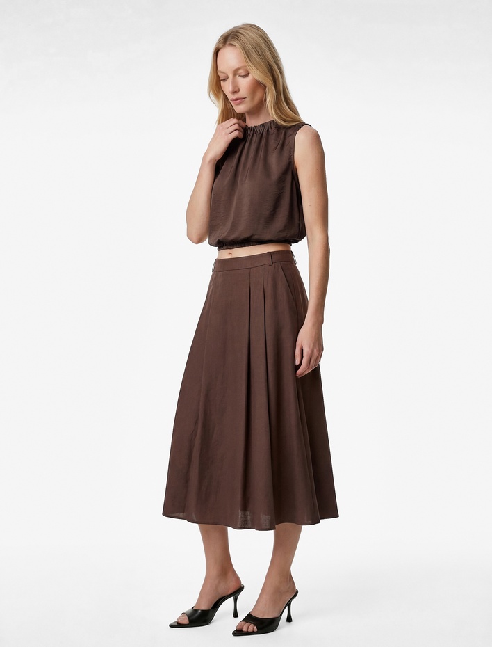  Rahat Kalıp Modal Kumaş Cepli Pileli Midi Kloş Etek