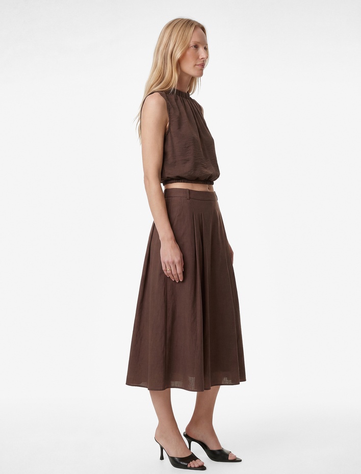  Rahat Kalıp Modal Kumaş Cepli Pileli Midi Kloş Etek