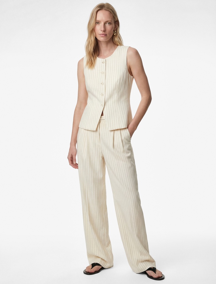  Pile Detaylı Cepli Kemerli Geniş Paça Çizgili Kumaş Pantolon