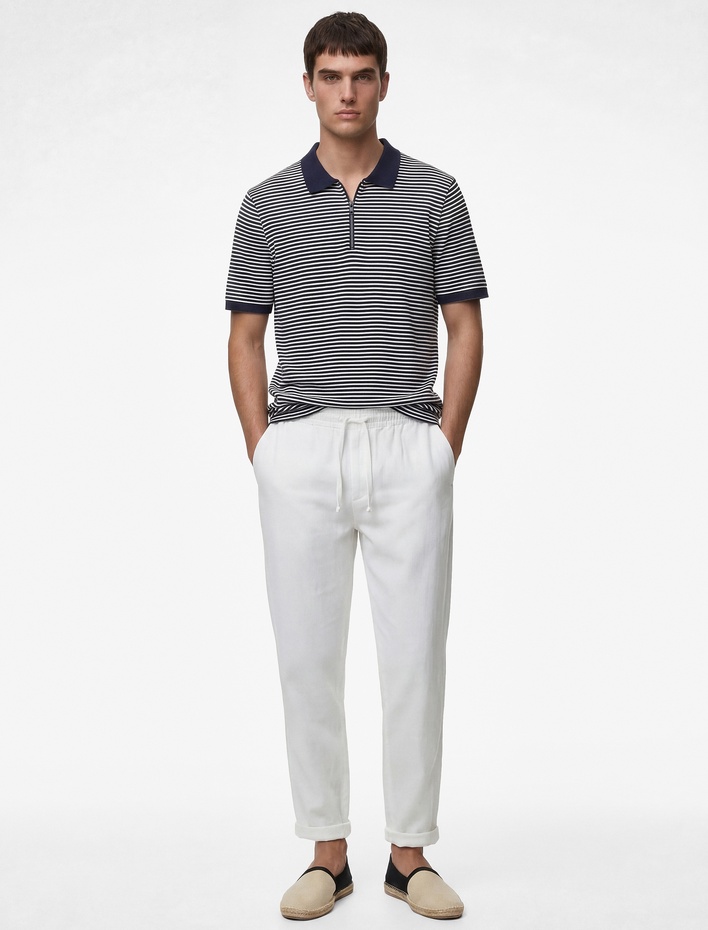  Regular Fit Kısa Kollu Yarım Fermuarlı Polo Yaka Çizgili Tişört