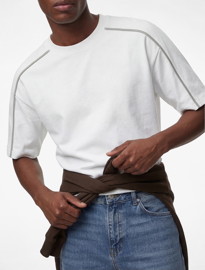  Kısa Kollu Dikiş Detaylı Bisiklet Yaka Pamuklu Oversize Tişört