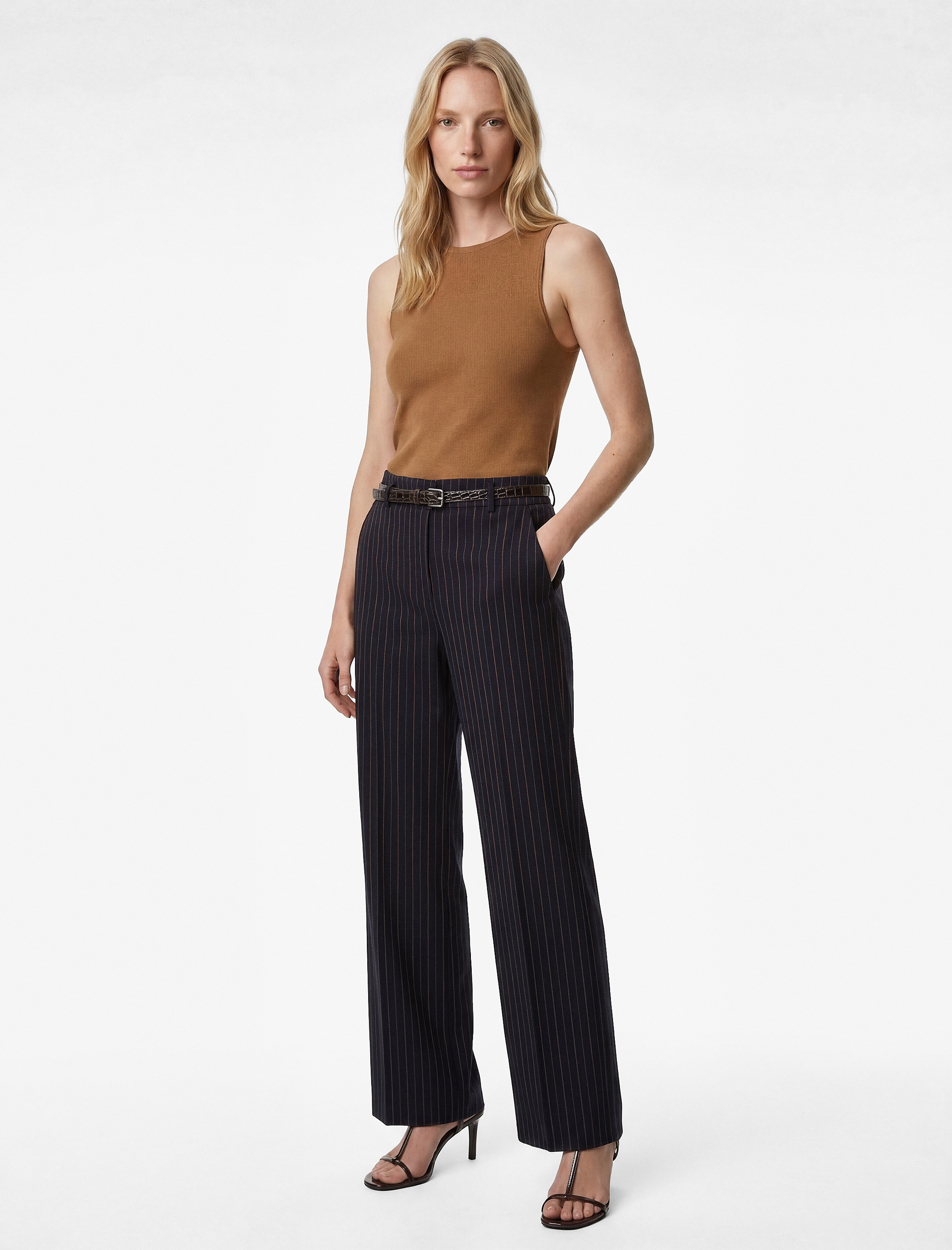   Cepli Kemerli Düz Geniş Paça Çizgili Kumaş Pantolon