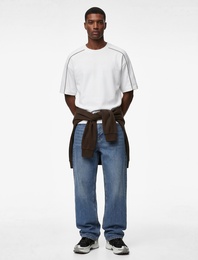 Kısa Kollu Dikiş Detaylı Bisiklet Yaka Pamuklu Oversize Tişört