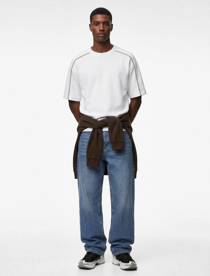  Kısa Kollu Dikiş Detaylı Bisiklet Yaka Pamuklu Oversize Tişört