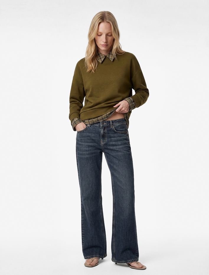  İki Farklı Kumaş Kullanımlı Kombine Uzun Kollu Ekose Gömlek Yaka Sweatshirt