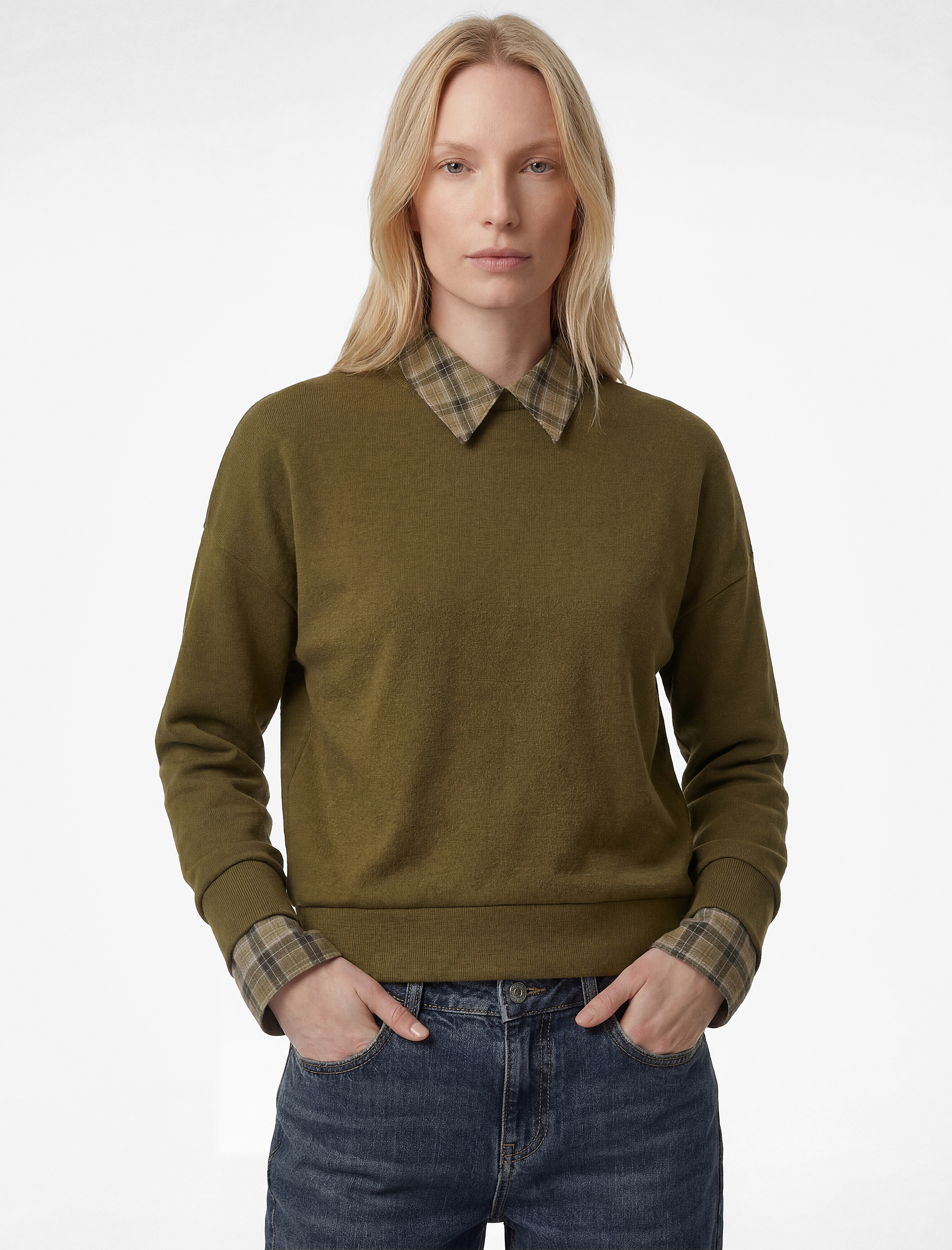   İki Farklı Kumaş Kullanımlı Kombine Uzun Kollu Ekose Gömlek Yaka Sweatshirt