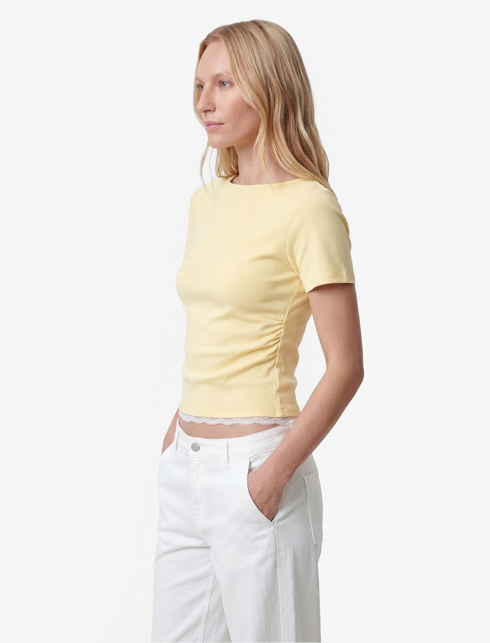  Pamuklu Drape Detaylı Kısa Kollu Bisiklet Yaka Tişört