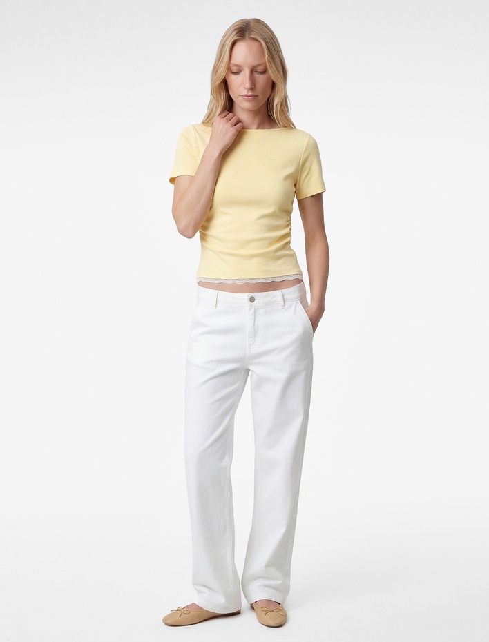  Pamuklu Drape Detaylı Kısa Kollu Bisiklet Yaka Tişört