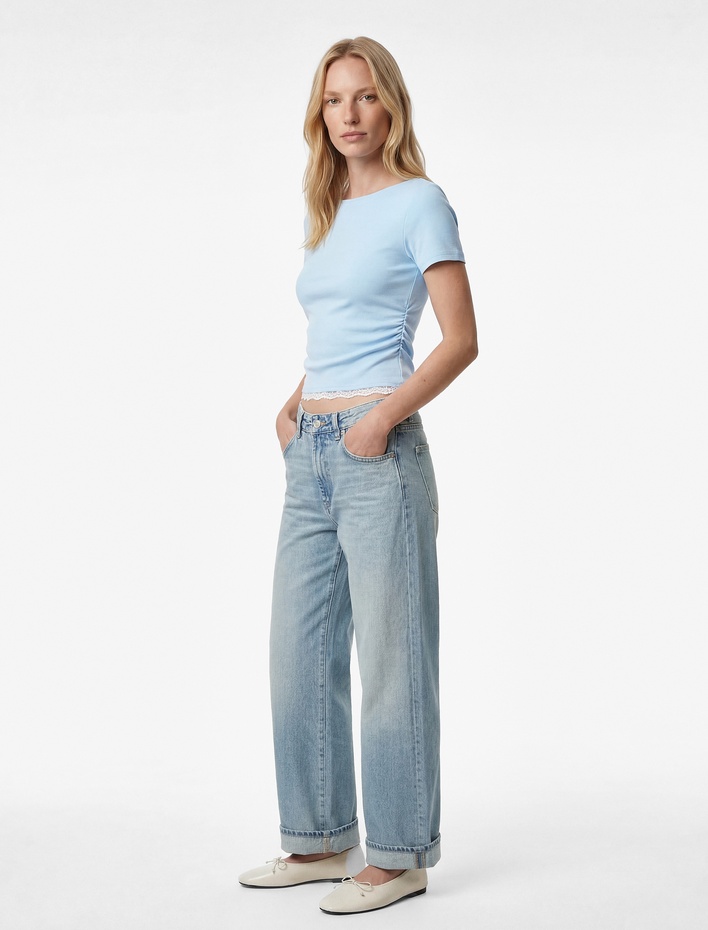  Pamuklu Drape Detaylı Kısa Kollu Bisiklet Yaka Tişört