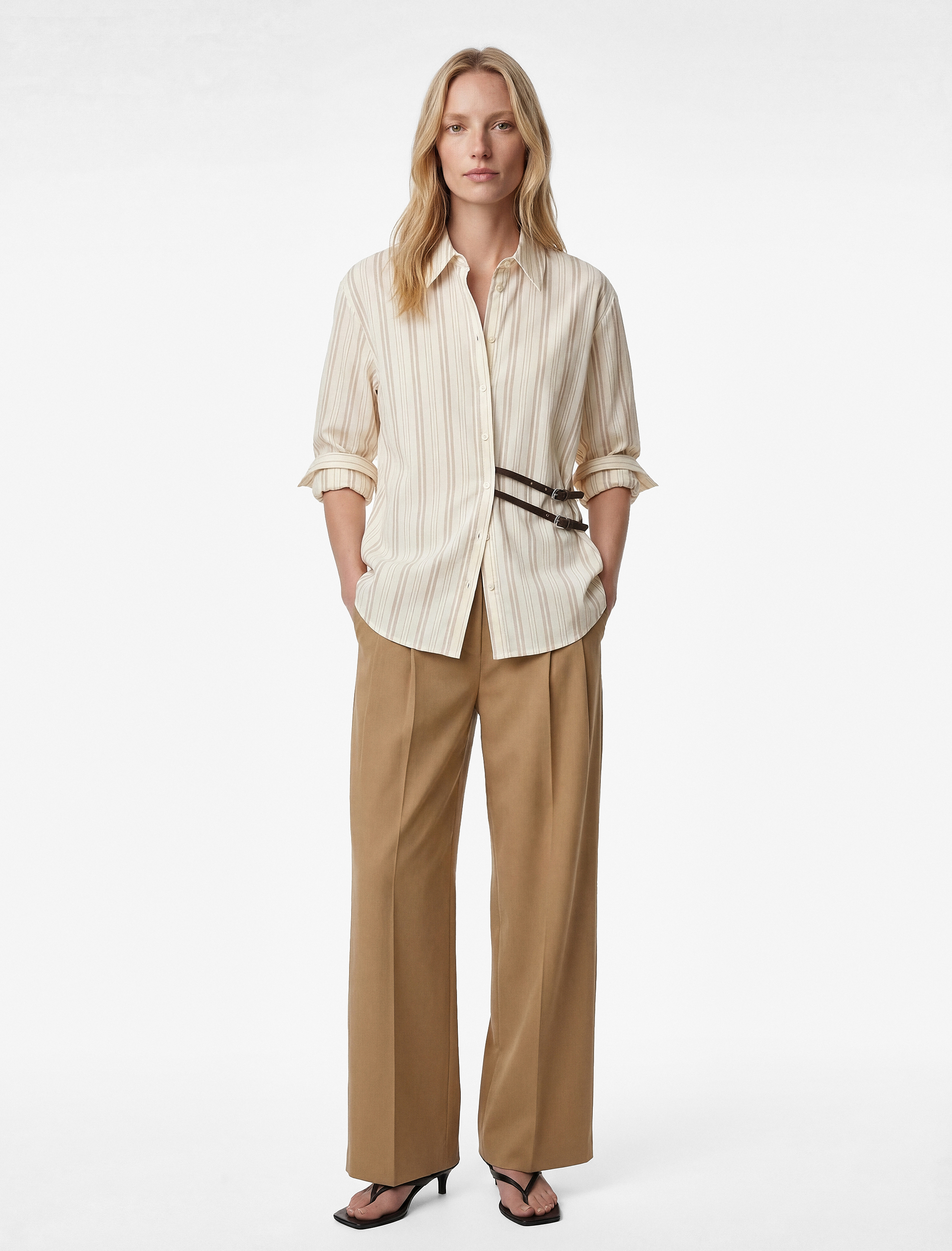 Aksesuar Kemer Detaylı Uzun Kollu Çizgili Oversize Gömlek