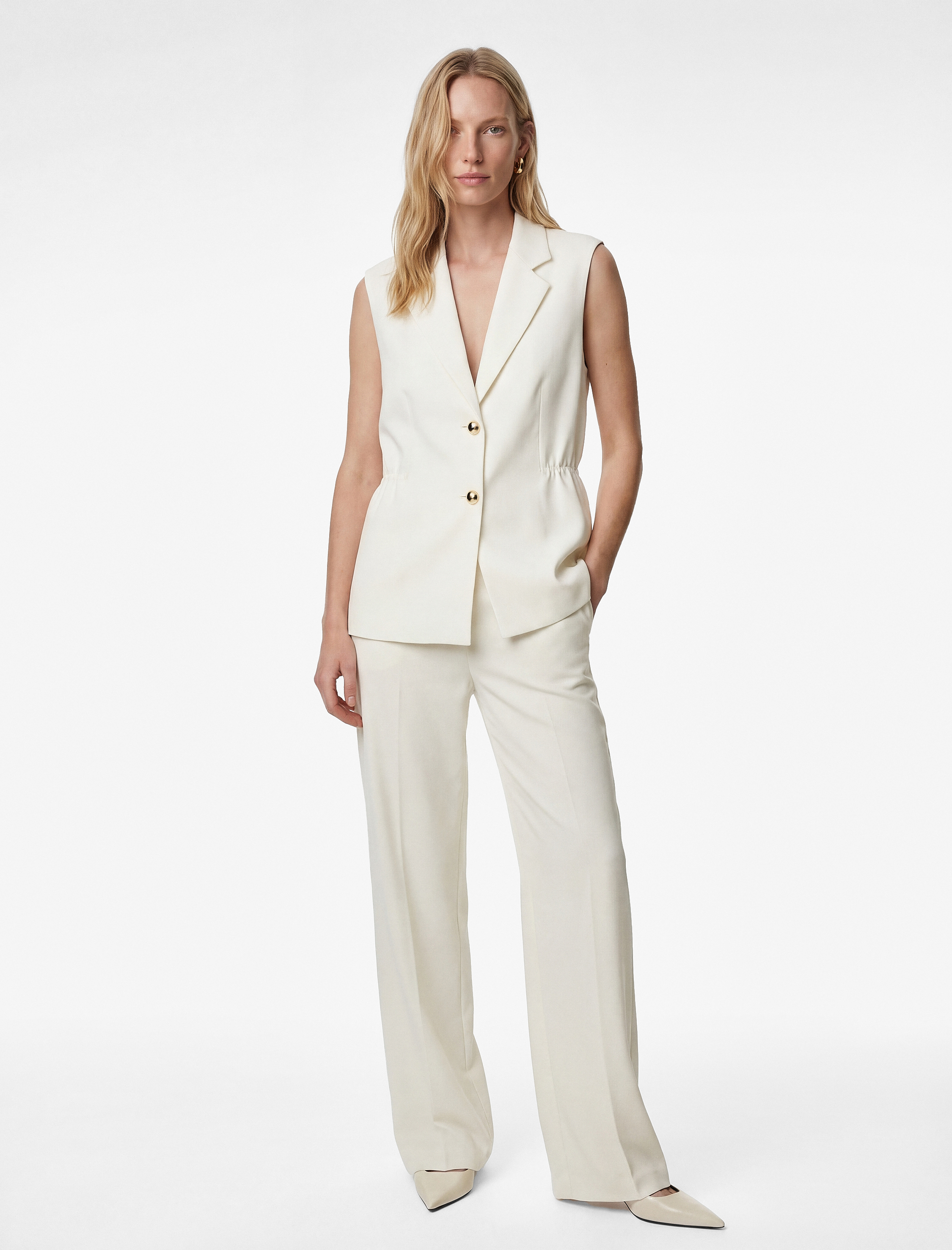   Yüksek Bel Cep Detaylı Krep Kumaş Geniş Paça Pantolon